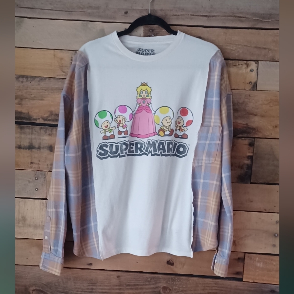 Upcycled Nintendo Super Mario Graphic T-Shirt with Plaid Sleeves